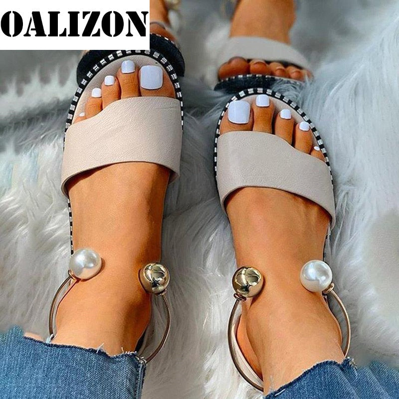 2022 New Summer Women Beaded Pearly Sandals Slippers Shoes Ladies Flats Sandals Flip Flop Casual Flat Slingback Sandals Shoes