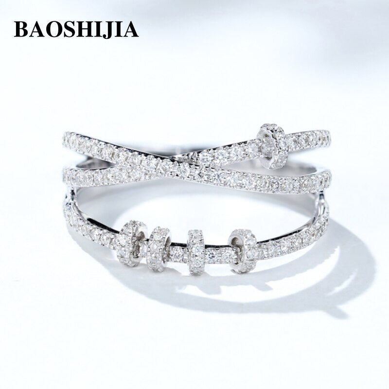 BAOSHIJIA Solid 18k White Gold Ring Fashion Personality Natural Real Diamond Jewelry for Women Band Luxurious