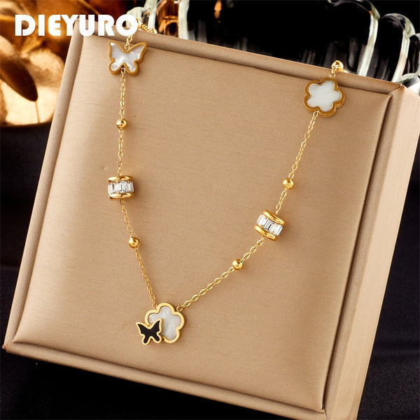 DIEYURO 316L Stainless Steel Butterfly Flower Pendant Necklace For Women New Fashion Girls Choker Clavicle Chain Jewelry Gifts
