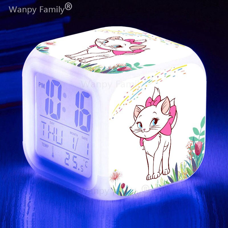 Cute Marie Cat Alarm Clock 7 Color Glowing LED Digital Clock Kids Room Touch Sensing Small Night Lamp Desk Clock Gift For Child