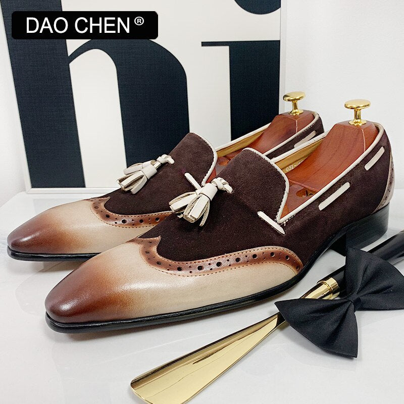 ITALIAN MEN'S CASUAL SHOES BLACK COFFEE MIXED COLOR WINGTIP ELEGANT DRESS SHOES WEDDING OFFICE GENUINE LEATHER LOAFERS MEN SHOES