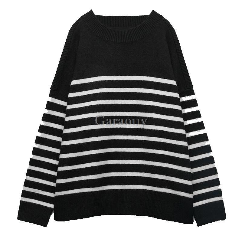 Garaouy 2022 Autumn Women's Slit Loose O Neck Long Sleeve Striped Sweater Lazy Soft Knit Jumper Female All-match Pullover Mujer