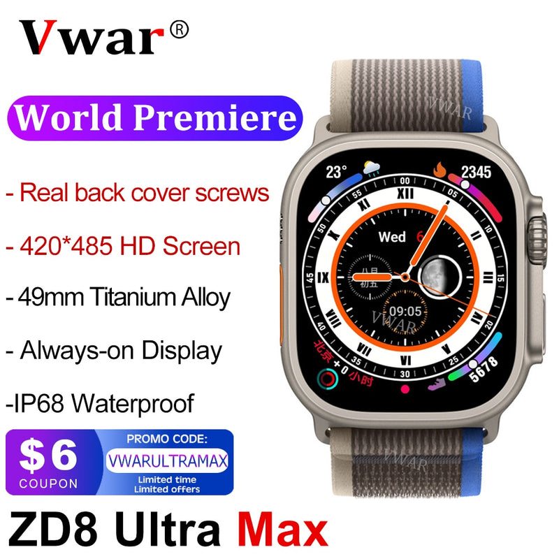 2022 VWAR ZD8 Ultra MAX Smart Watch Series 8 Titanium Alloy 1:1 49mm Case Bluetooth Call NFC ECG IP68 Waterproof Smartwatch Men