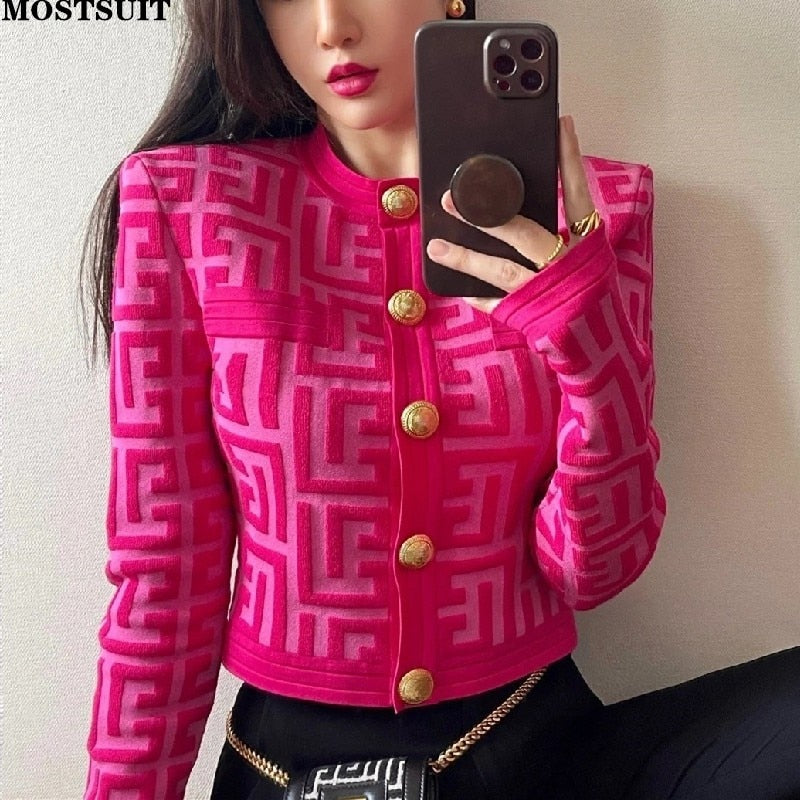 New Autumn Letter Jacquard Knit Cardigan Sweater Women Gold Buttons Streetwear Vintage Slim Jacket Long Sleeve O-neck Top Coats