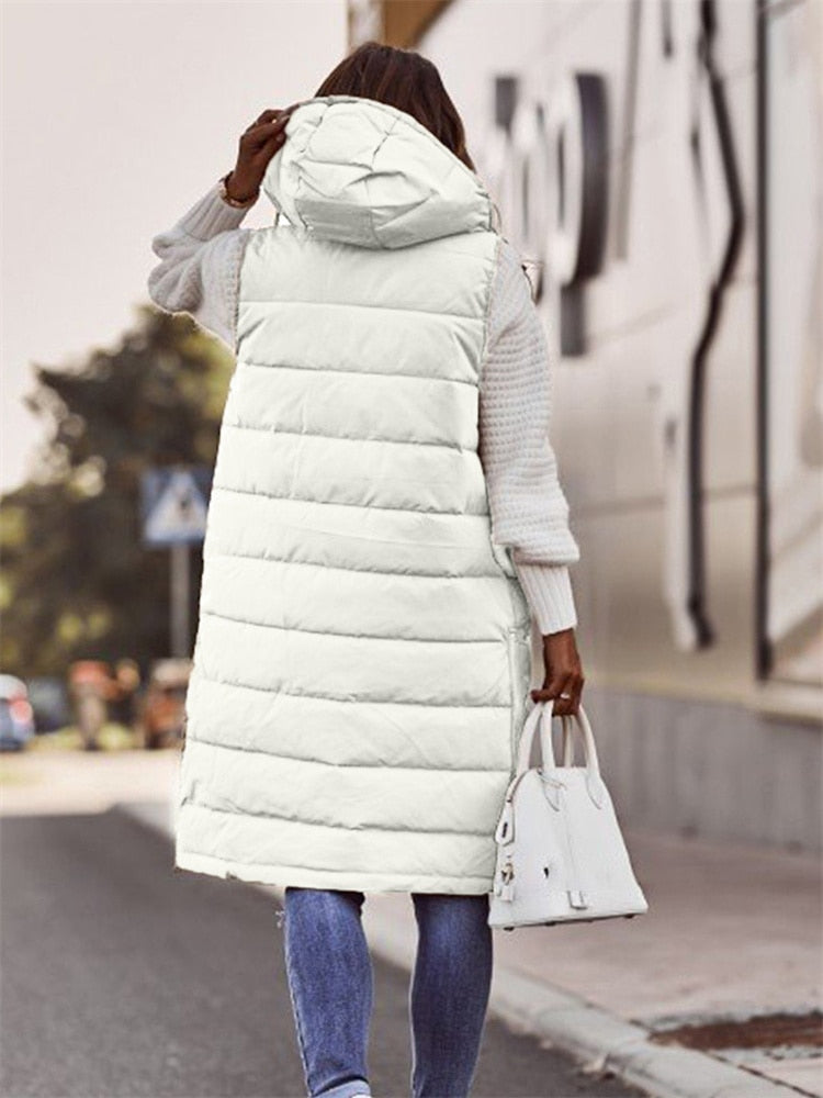Cotton Coat Women Sleeveless Light Thin Long Slim Hooded Waistcoat 2022 Autumn Winter New Fashion Temperament White S-5XL Coats