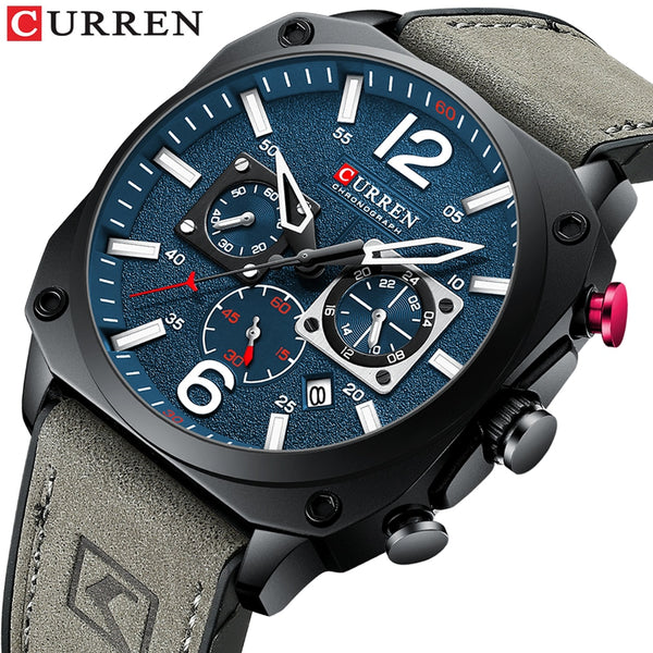 CURREN Men&#39;s Watch Fashion Waterproof  Multi-function Chronograph Clock Leather Six Needle Calendar Quartz Watches часы мужские