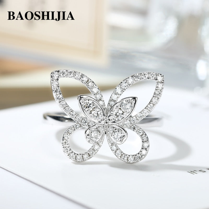 BAOSHIJIA Butterfly Eternity Diamond Ring Unique Solid 18k White Gold Beautiful Luxury Jewelry Wedding Handcrafted