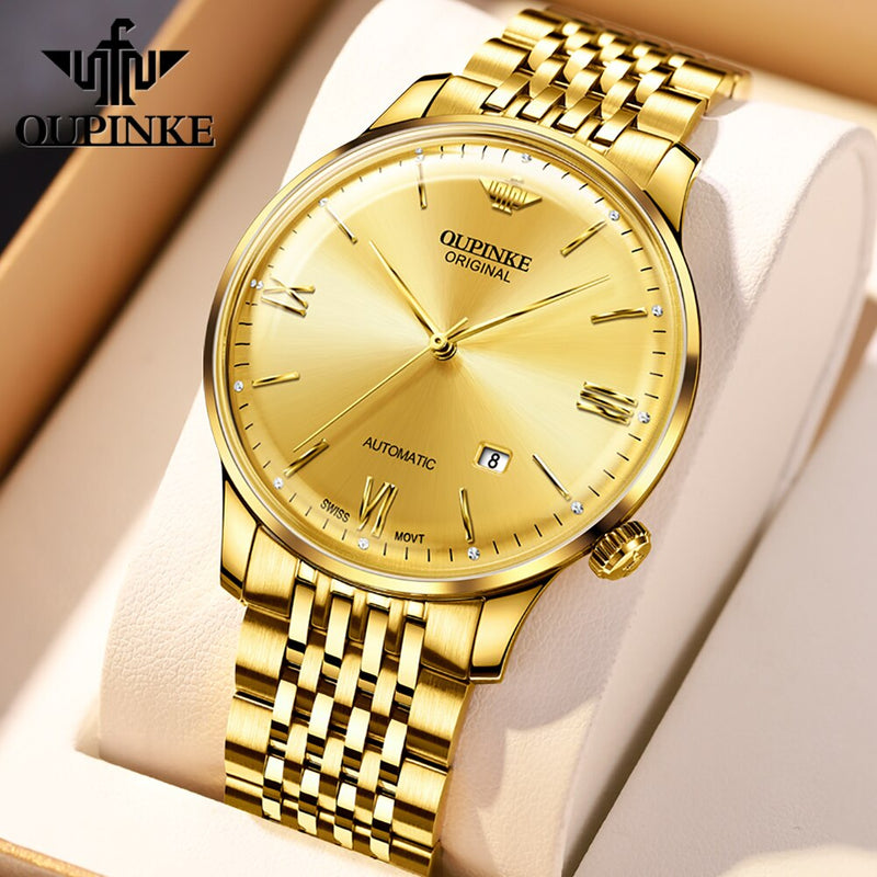 OUPINKE Ultra Thin Mechanical Watches for Men Original Swiss Movement Luxury Sapphire Crystal Mirror Man Waterproof Wristwatch