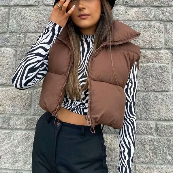 New Puffy Vest Women Zip Up Stand Collar Sleeveless Lightweight Padded Cropped Puffer Quilted Vest Winter Warm Coat Jacket