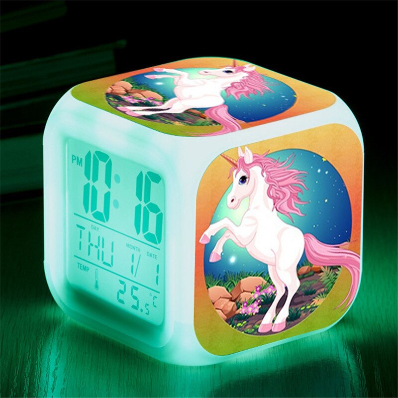 Children Cartoon Unicorn Alarm Clock 7 Led Night Light Desk Clocks Date Temperature despertador Unicornio Kids Birthday Gifts