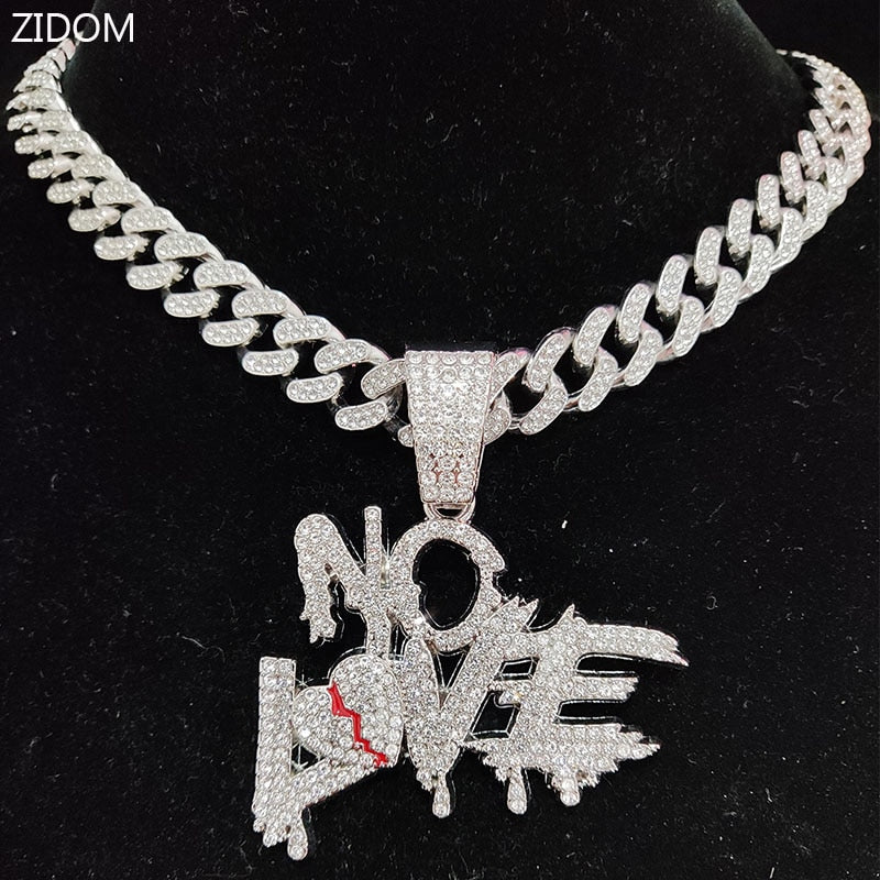 Hip Hop Cuban Chains NO LOVE Necklace Pendants for Men and Women Heart Broke Statement Necklaces Jewelry Iced Out Bling Chain