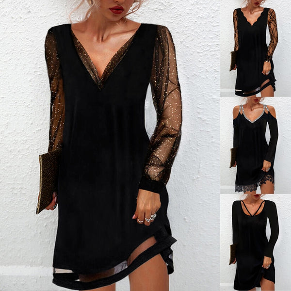 Women&#39;s Dress Sexy Lace Mesh Patchwork Long Sleeve Dress Solid Elegant Party Dresses Fashion Casual Streetwear Bodycon Dress