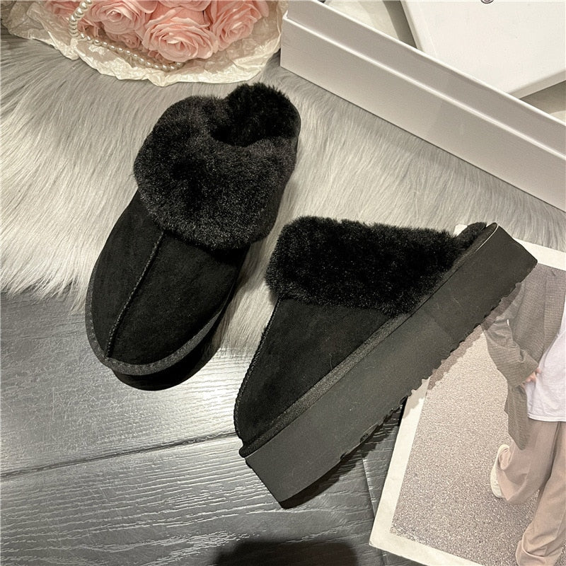 Winter Brand Plush Cotton Slippers Women Flats Shoes 2022 New Fashion Platform Casual Home Suede Fur Warm Slingback Flip Flops