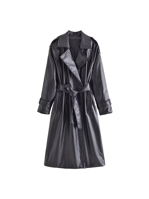 Women&#39;s Fall 2022 New Casual Fashion Chic Belted Faux Leather Trench Coat Vintage Lapel Long Sleeve Slim Fit Solid Color Jacket