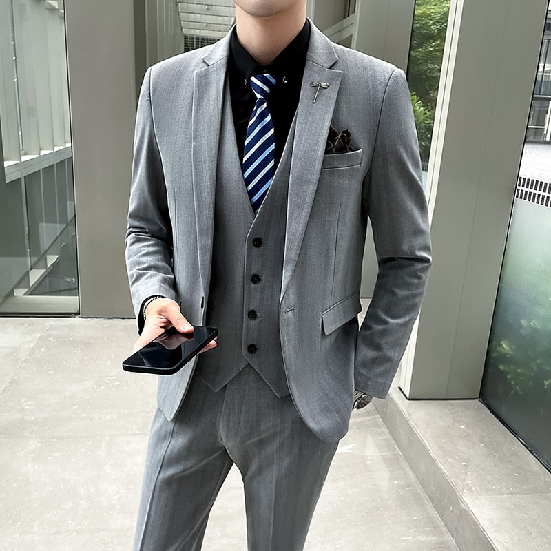 Suit Jacket Pants Vest 3 Pcs Set / Fashion New Men&