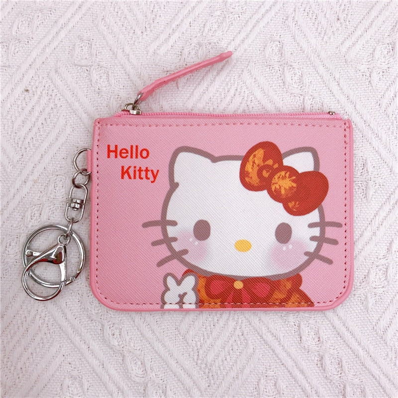 Kawaii  Sanrio Cartoon Bag Cinnamoroll Melody Pachacco Pom Pom Purin Kuromi Leather Card Holder Cute Coin Purse Keychain Pendant