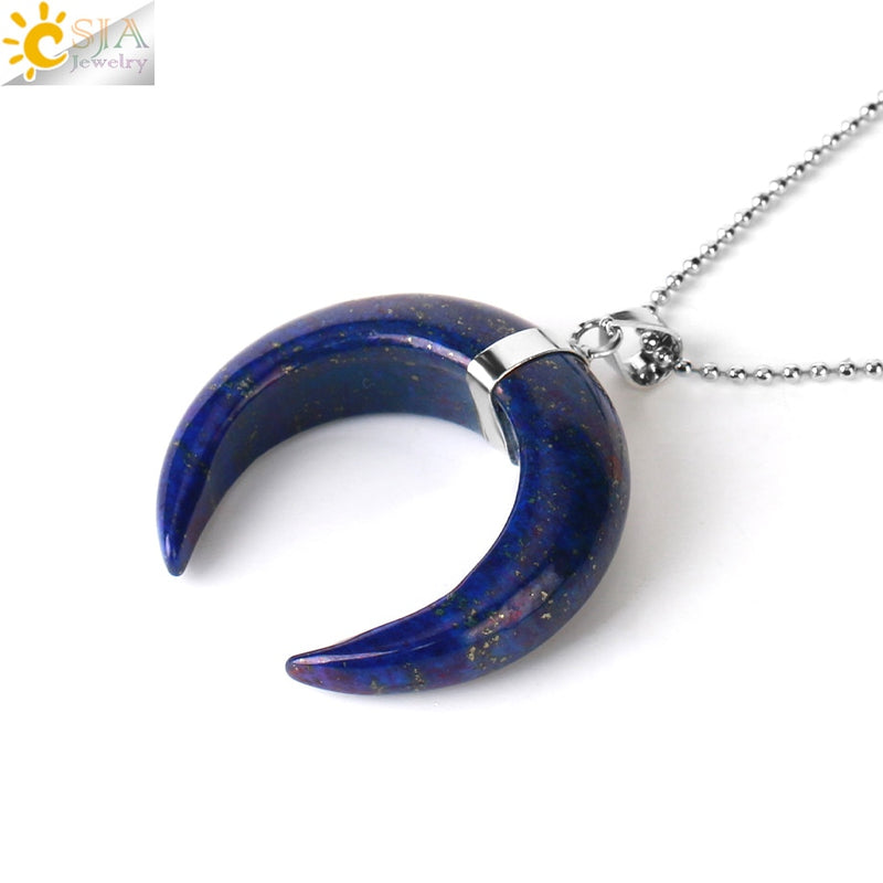 CSJA Natural Stones Crescent Moon Necklaces Pendants Purple Crystal Pink Quartz White Stone Gold Color Reiki Women F306