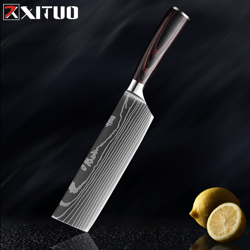 XITUO 8&quot; Professional Chef Kitchen Knife Sharp Stainless Steel Cleaver Laser Damascus Pattern Vegetable Santoku Tool 1-5PCS/SET