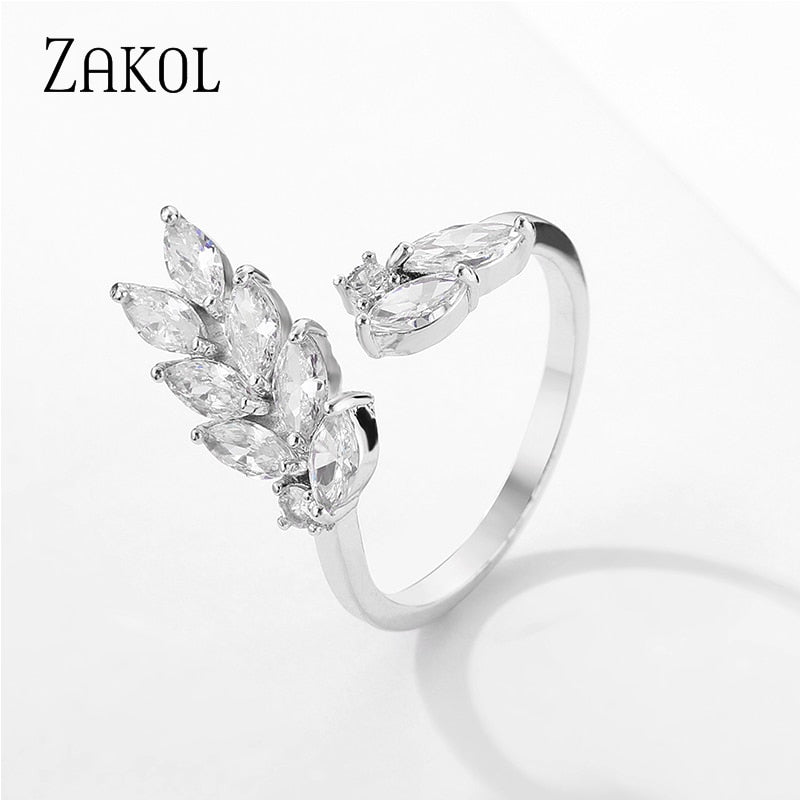 ZAKOL New Fashion Charm AAA Cz Wedding Ring Leaf Shape Clear Cubic Zirconia Rings for Women Party Jewelry Wholesale