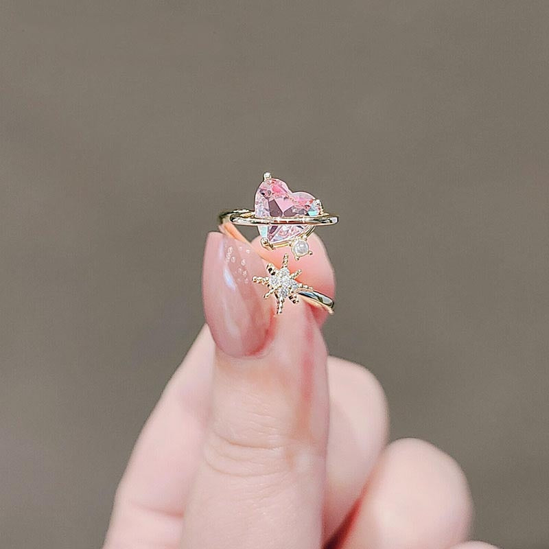 2022 Korean New Exquisite Lovely Pink Love Opening Ring Fashion Temperament Versatile Ring Female Jewelry