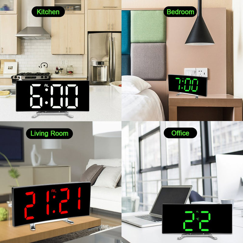 Digital Table Clock Electronic 7 Inch Number Desktop Alarm Clocks For Kids Bedroom LED Screen Curved Dimmable Mirror