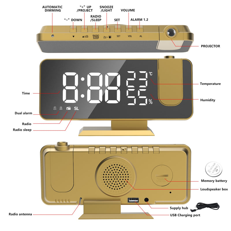 LED Digital Smart Alarm Clock Electronic Desktop Clocks USB Wake Up Clock with FM Radio 180° Time Projection Snooze