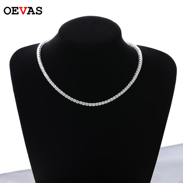 OEVAS 100% 925 Sterling Silver Full 3mm/4mm Luxury High Carbon Diamond Tennis Chains Necklace Sparkling Party Fine Jewelry Gifts