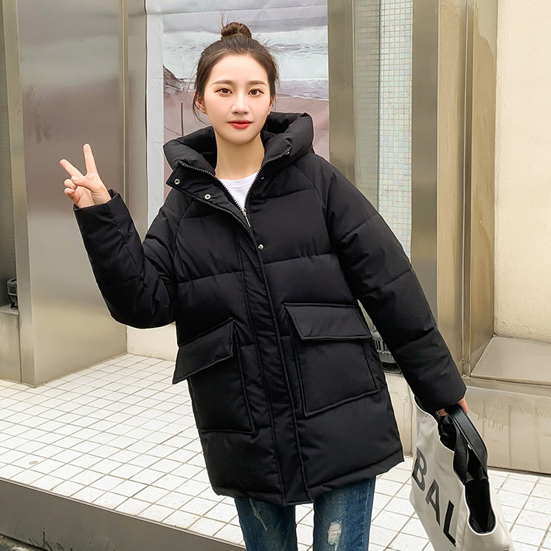 Autumn Winter Thicken Warm Medium Long Chic Parka Women Casual Sweety Solid Color Big Pocket Loose Hooded Coat Jackets Outwear