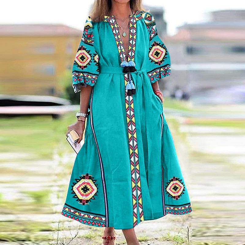 Vestido Spring Summer Women's Boho Dress Fashion Elegant Sexy V-Neck Retro Digital Printed Tassel Puff Sleeve Mid Length Dresses