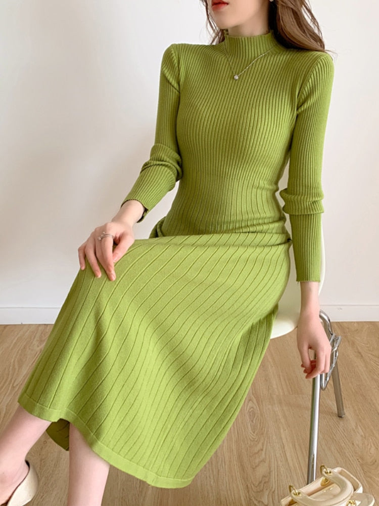 Autumn Winter 2022 Slim Long Sleeve Party Midi Dress for Women Knitted Half High Collar Elegant Knitted Sweater Dresses Ladies