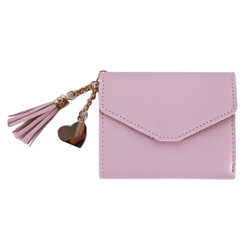 2022 Fashion Small Wallet Women Purse Simple Short Soft Pu Leather Ladies Wallet Card Holder Tassel Patchwork Tri-fold Wallet