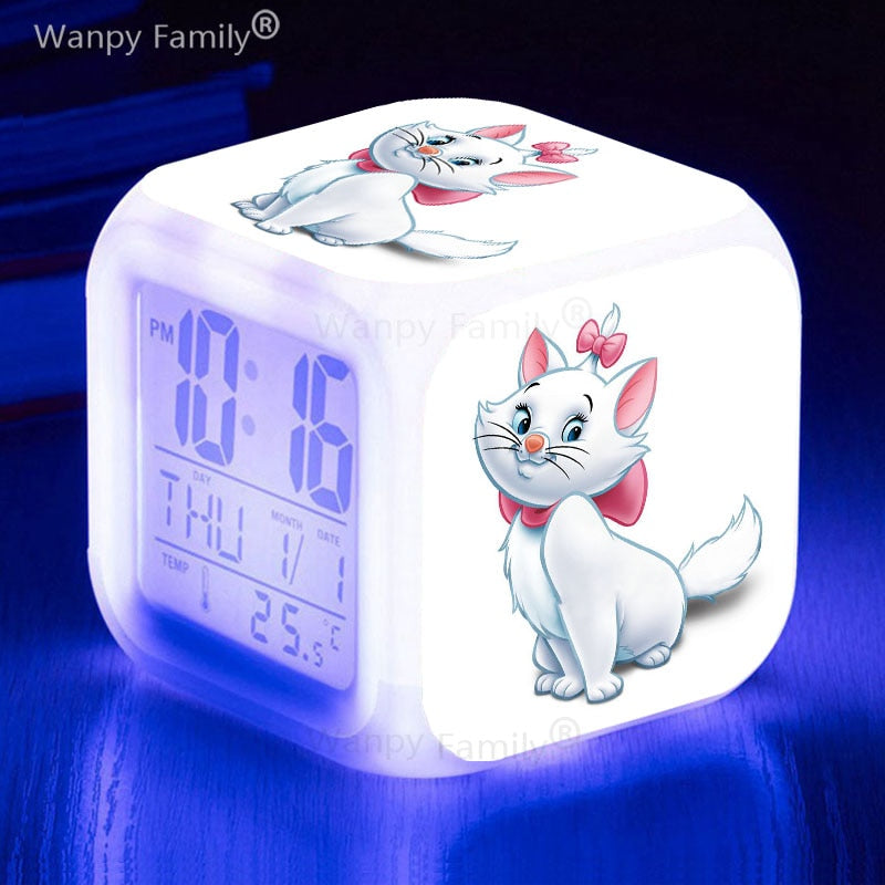 Cute Marie Cat Alarm Clock 7 Color Glowing LED Digital Clock Kids Room Touch Sensing Small Night Lamp Desk Clock Gift For Child