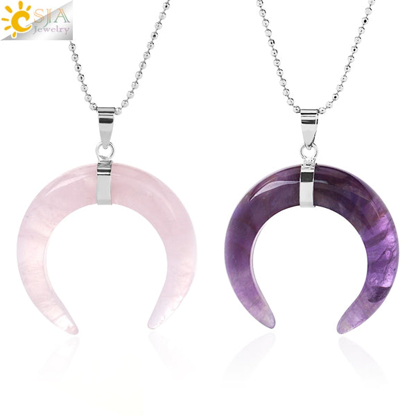 CSJA Natural Stones Crescent Moon Necklaces Pendants Purple Crystal Pink Quartz White Stone Gold Color Reiki Women F306