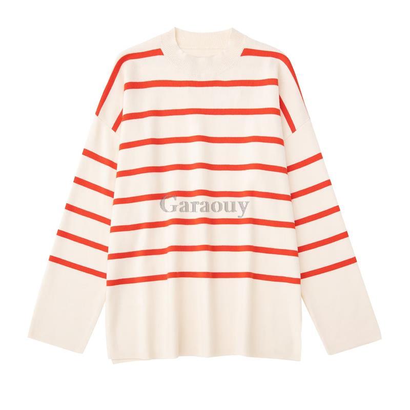 Garaouy 2022 Autumn Women's Slit Loose O Neck Long Sleeve Striped Sweater Lazy Soft Knit Jumper Female All-match Pullover Mujer