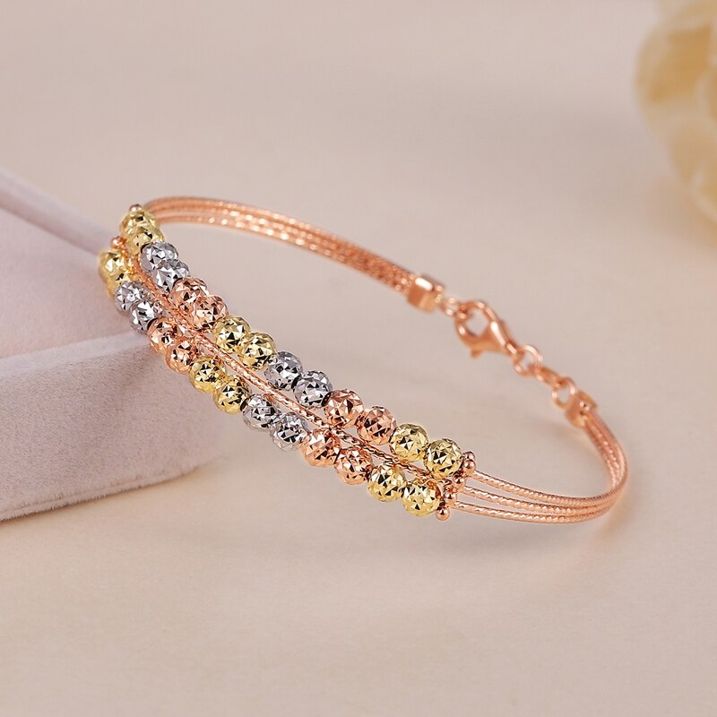 Luxury Glitzy 2 Layer Bead Laser Carved 18k True Real Solid Gold Bracelet Bangles For Women Upscale Wedding Anniversary Jewelry