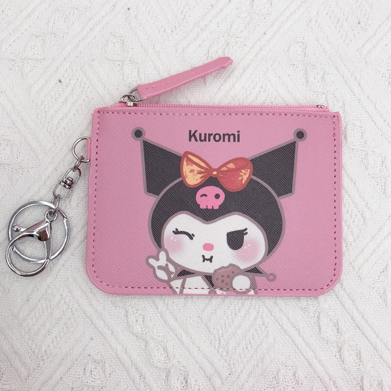 Kawaii  Sanrio Cartoon Bag Cinnamoroll Melody Pachacco Pom Pom Purin Kuromi Leather Card Holder Cute Coin Purse Keychain Pendant