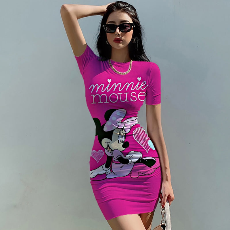 Disney Mickey Mouse Woman Dresses Elegant Dress Office Tight Slim Lady O Neck Summer Casual Cartoon 3D print Mini Dress Vestidos