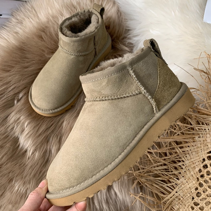 NEW 2023 Style Basic Short Mini Winter Sheepskin Snow Boots Women Waterproof Natural Wool Fur Lined Ankle Warm Flat Shoes 35-44