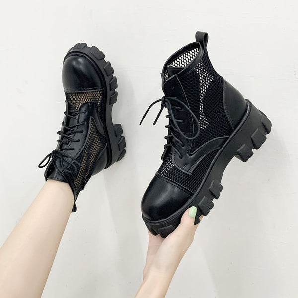 Comemore Women Boot Black Mesh Lace Up 2021 New Punk Gothic Women&#39;s Ankle Boots Platform Shoes Women Summer Boots Ladies Size 40