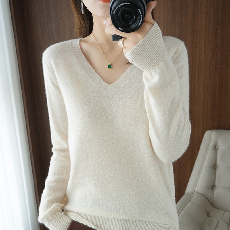 YSZWDBLX Sweaters Women Casual V-neck Solid Jumpers Pullovers Spring Autumn Womens Sweater Cashmere Knitwear Bottoming Shirt