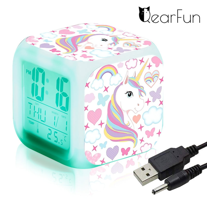 Children Cartoon Unicorn Alarm Clock 7 Led Night Light Desk Clocks Date Temperature despertador Unicornio Kids Birthday Gifts