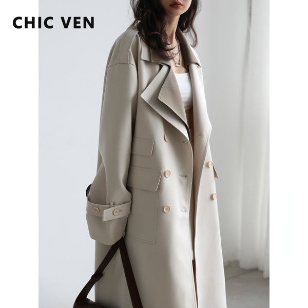 CHIC VEN Women Trench Solid Loose Contrast Double Collar Double Breasted Long Women&#39;s Windbreaker Coat Office Lady Spring 2022