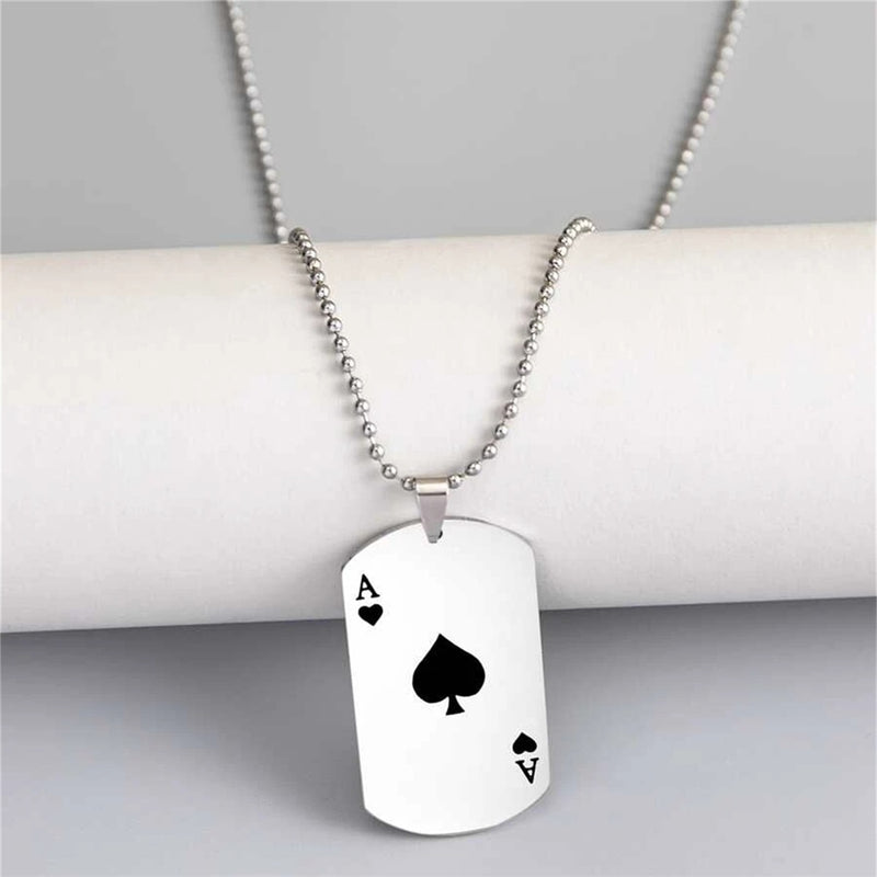 Men Statement Poker Lucky Ace of Spades Pendant Necklace Red Black Silver Color Stainless Steel Long Chain Necklaces Jewelry