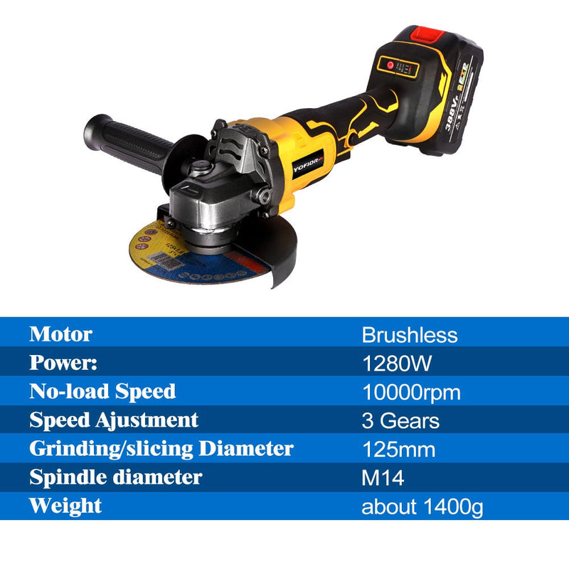 125mm Brushless Angle Grinder 18V M14 10000Rpm 3 Gears Variable with 2PCS Lithium Battery Cordless Electric Impact Grinding Tool