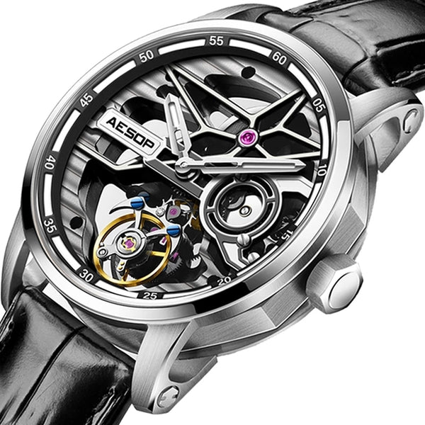 AESOP Mens Full Skeleton Tourbillon Mechanical Sports Waterproof Wrist Watches Luxury Watch for Men Luminous With Diamond Clock