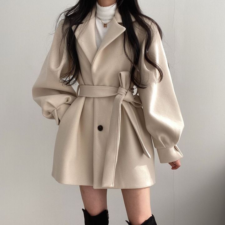 Women Solid Wool Blend Coat Slim Fit Belt Coats Female Warm Cotton Thicker V-neck Office Lady Elegant Trendy Button Outwear Ins