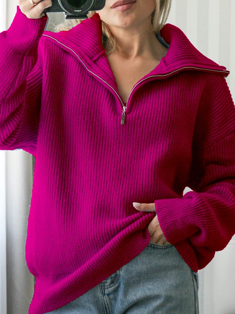 Women Sweater Oversize Zipper Knitted Pullover Long Sleeve Solid Color Loose Ladies Sweaters Autumn Winter Women&