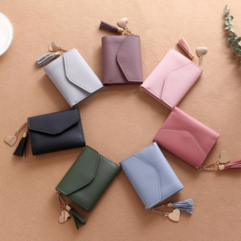 2022 Fashion Small Wallet Women Purse Simple Short Soft Pu Leather Ladies Wallet Card Holder Tassel Patchwork Tri-fold Wallet