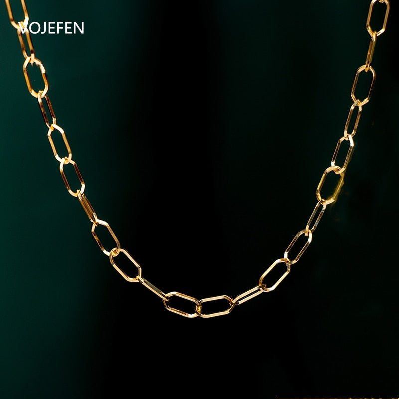 VOJEFEN 18k Gold Chains Necklaces Jewellery Women&#39;s Jewelry Original Square Chain Real Gold Chokers Long Necklace Female Luxury