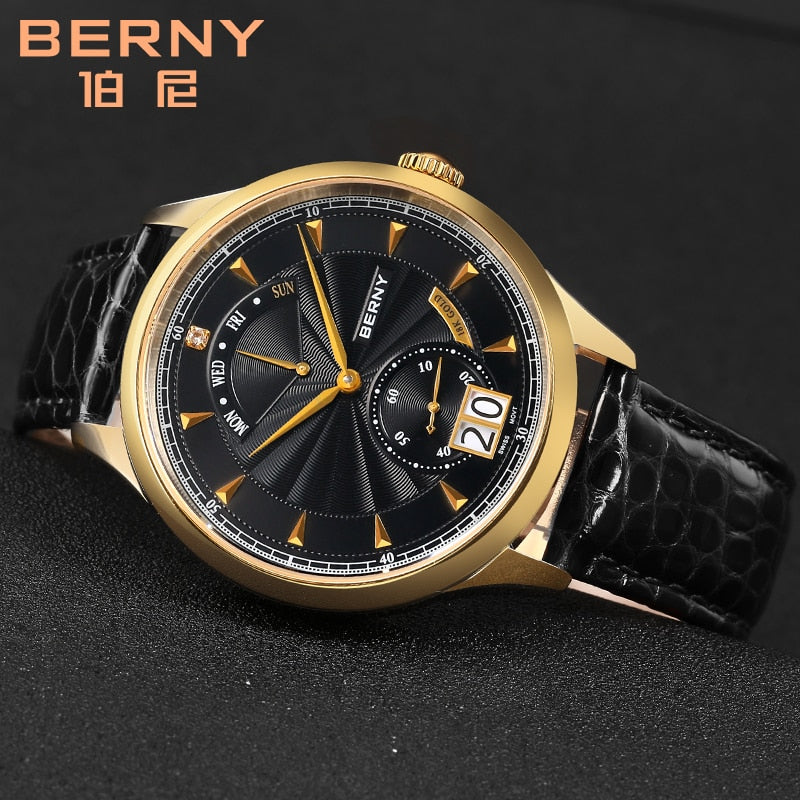 Berny 18K Gold Men Watches Swiss Movement Quartz Wristwatch Day Date Calendar Luxury Business Style Wateproof Relogio Masculino